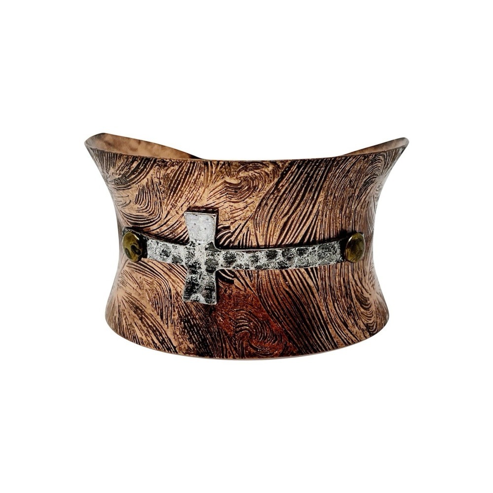 Copper Cuff Bracelet Riveted Silver Cross Textured Patina Mixed Metal